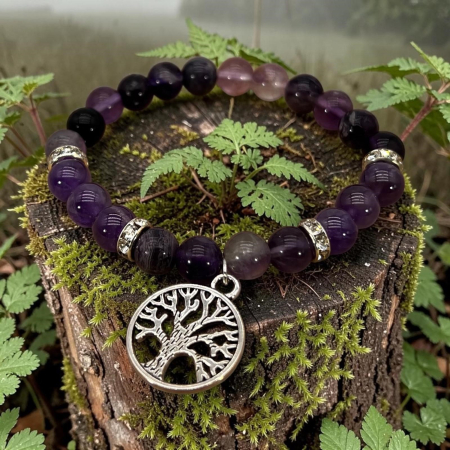 Mala/Armband Amethyst elastisch mit Baum des Lebens